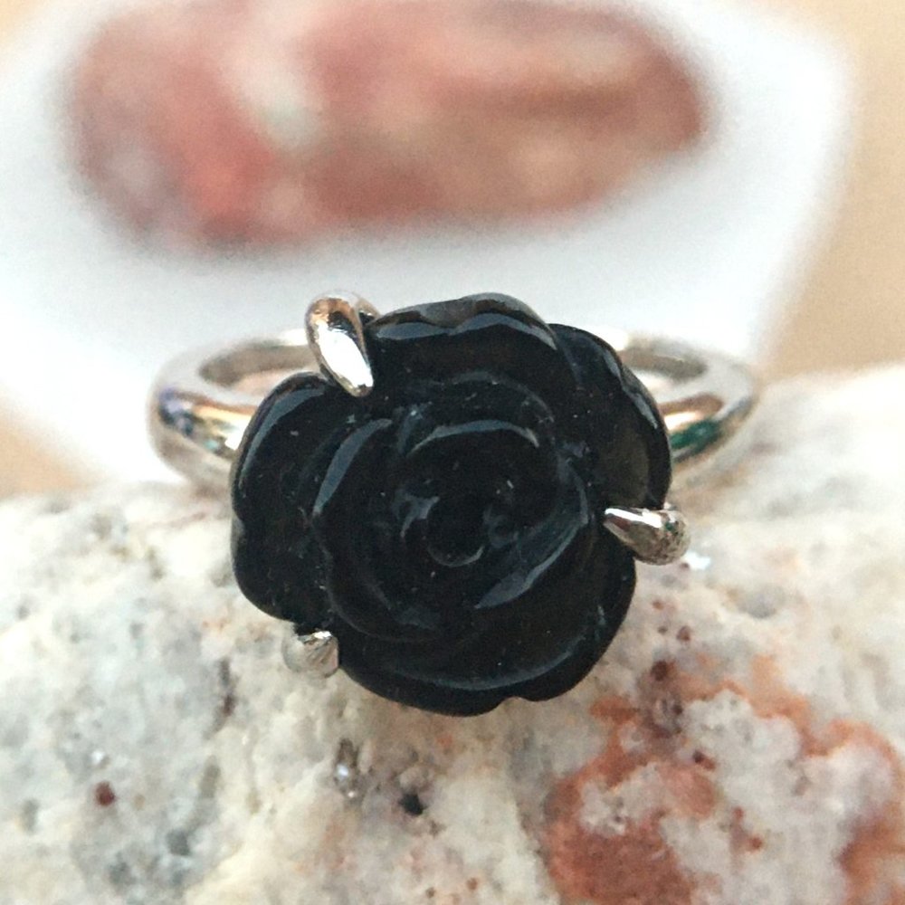 Black Obsidian Carved Flower Ring .925 Sterlng Silver Size 5 or 7 Natural Gem - Picture 8 of 9